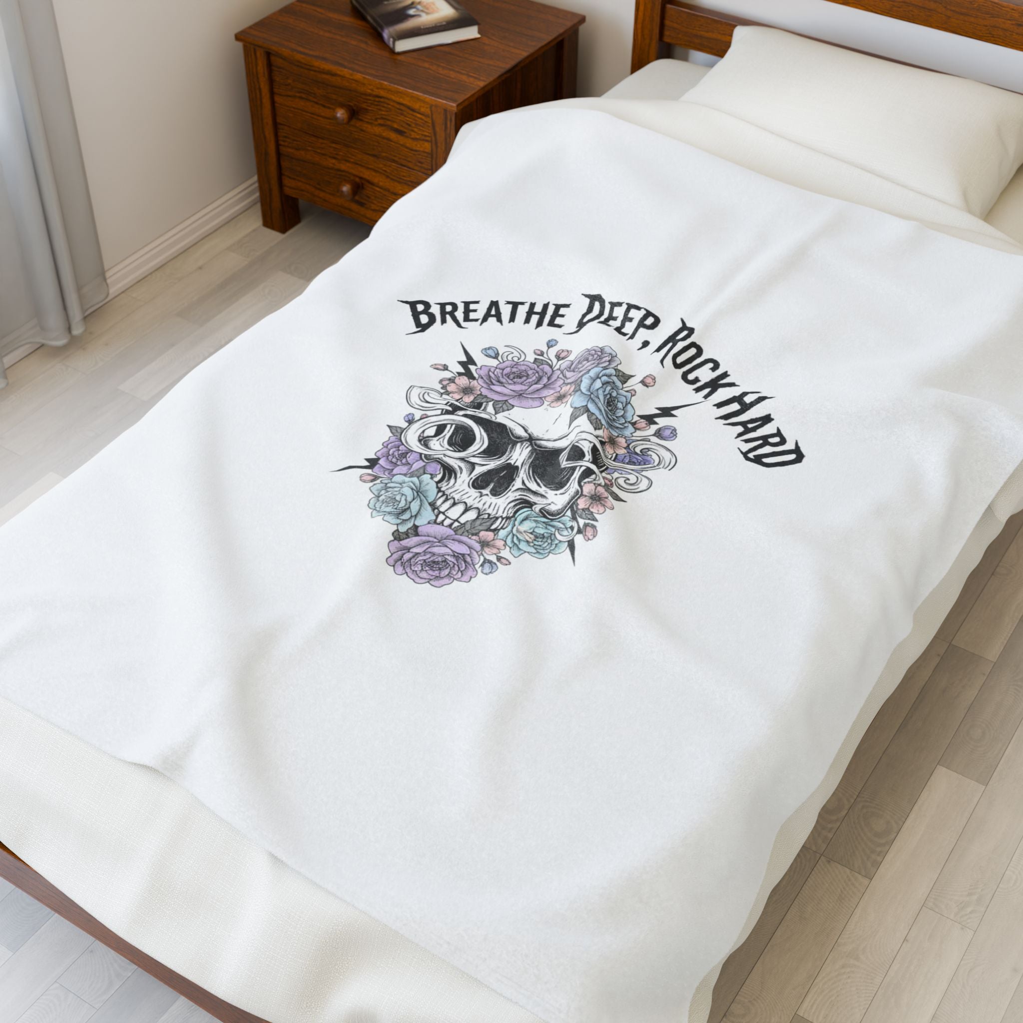 Breathe Deep Rock Hard Velveteen Plush Blanket | gothic wellness, metal font